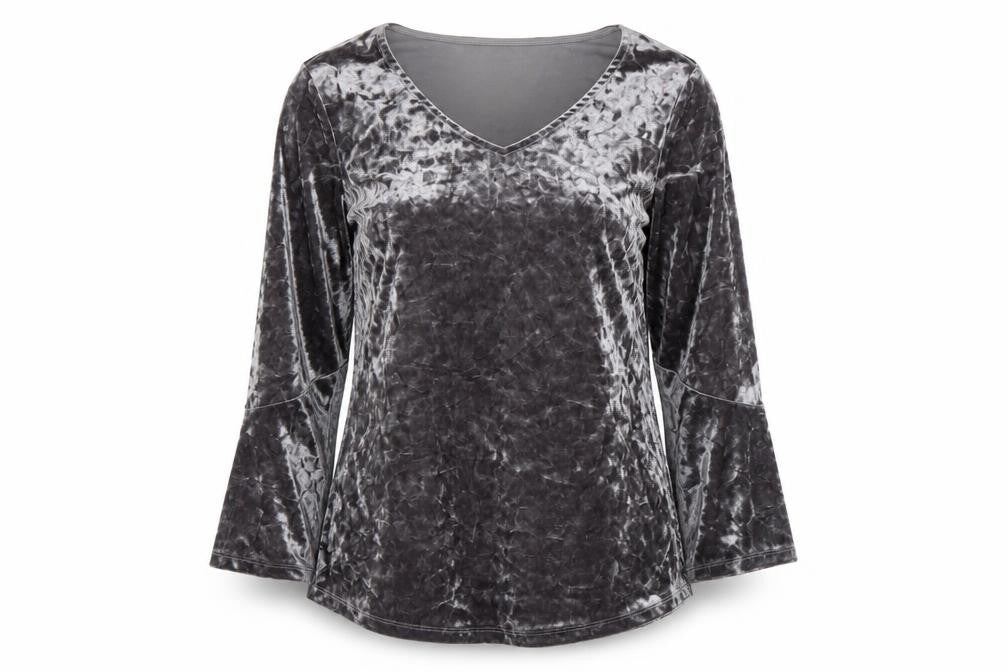 Isaac Mizrahi Live Womens Grey Velvet V-Neck Bell Sleeve Tunic Blouse M