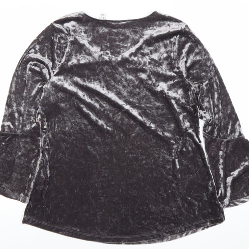 Isaac Mizrahi Live Womens Grey Velvet V-Neck Bell Sleeve Tunic Blouse M
