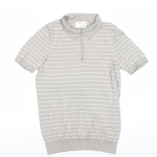 Primark Men’s Grey Striped Polo Shirt Size S Short Sleeve Zip