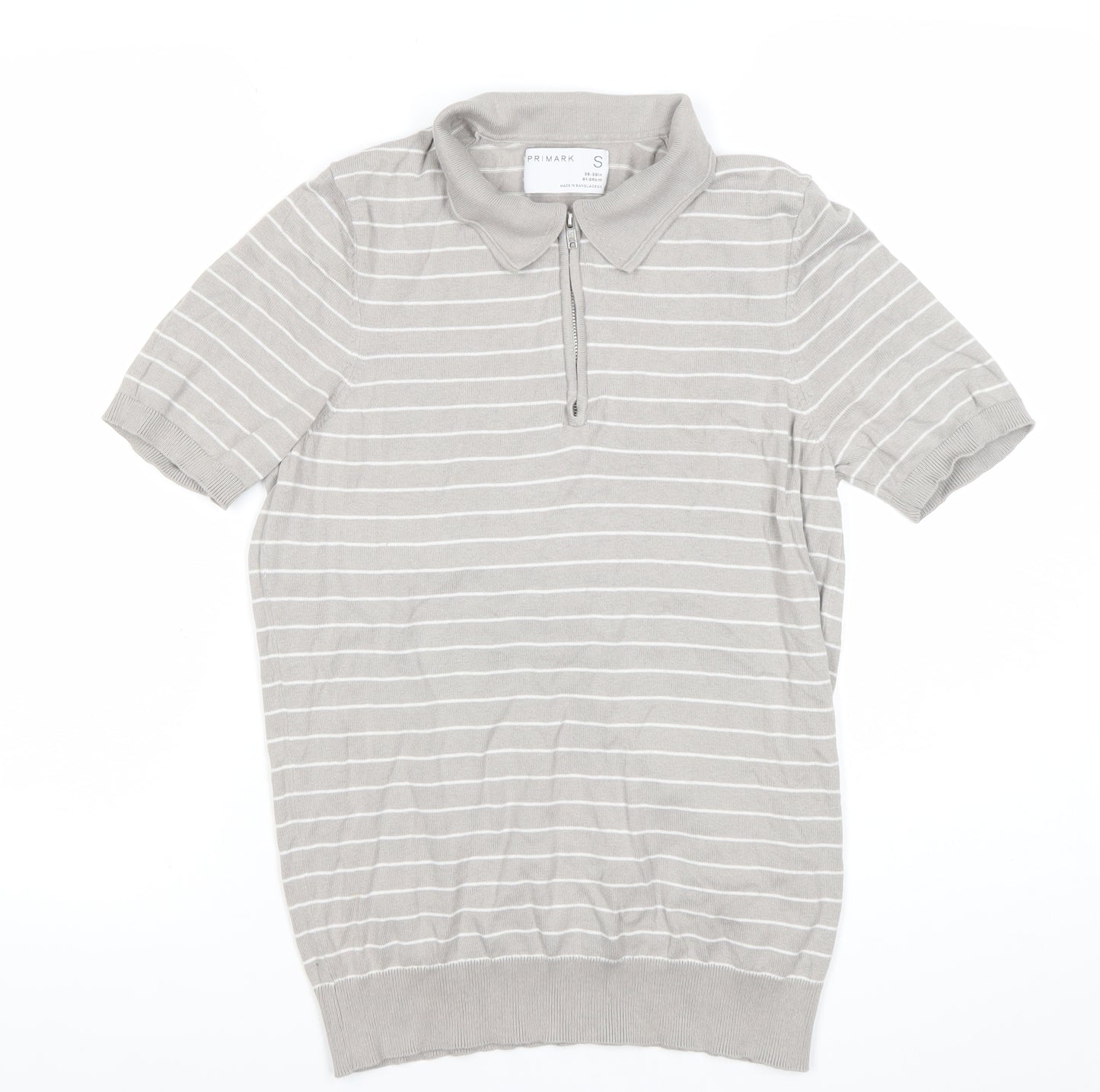 Primark Men’s Grey Striped Polo Shirt Size S Short Sleeve Zip