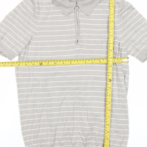 Primark Men’s Grey Striped Polo Shirt Size S Short Sleeve Zip