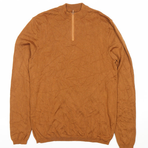 Zara Men’s Brown Mock Neck 1/4 Zip Jumper Size M Cotton Wool Blend