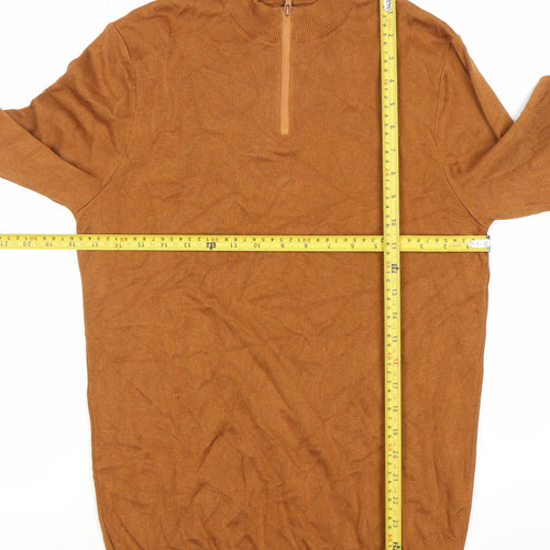 Zara Men’s Brown Mock Neck 1/4 Zip Jumper Size M Cotton Wool Blend