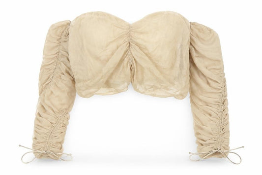 Front view of ASOS Women Beige Cropped Blouse, size 6, Long Puff Sleeves Party