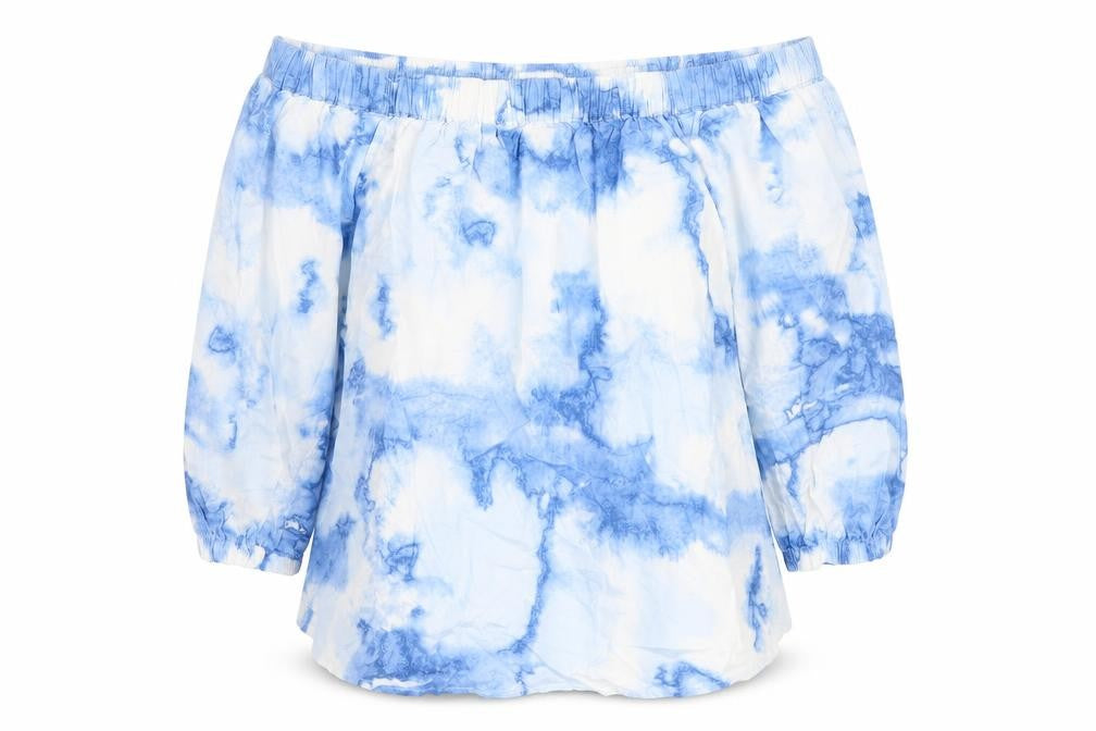 Front view of Marks & Spencer Women Blue Off Shoulder Cotton Blouse, size 6