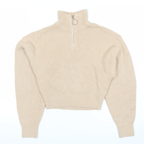 H&M Divided Women’s Beige Roll Neck Ribbed Zip Jumper XS