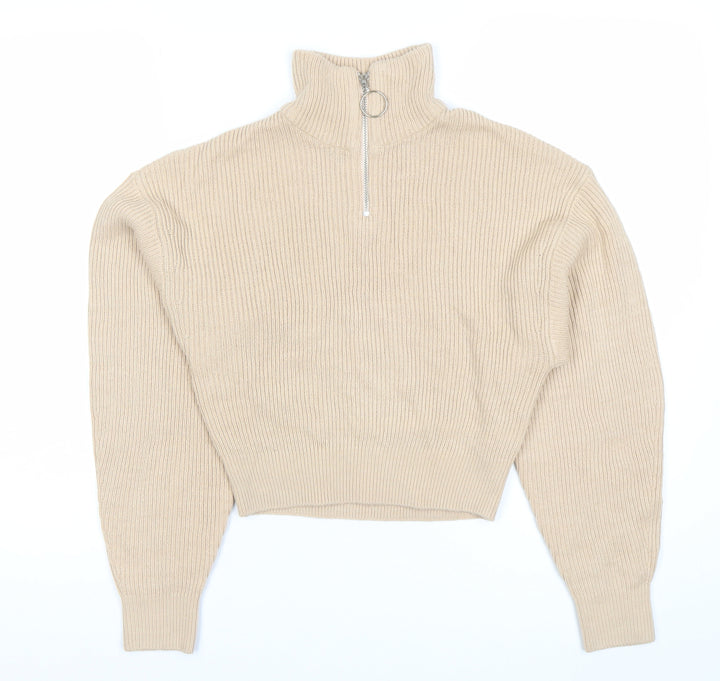 H&M Divided Women’s Beige Roll Neck Ribbed Zip Jumper XS