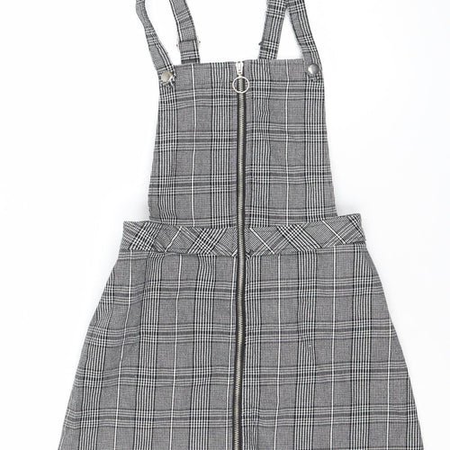 Divided Women Black Check Pinafore Dress Size 8 Zip Strappy Workwear