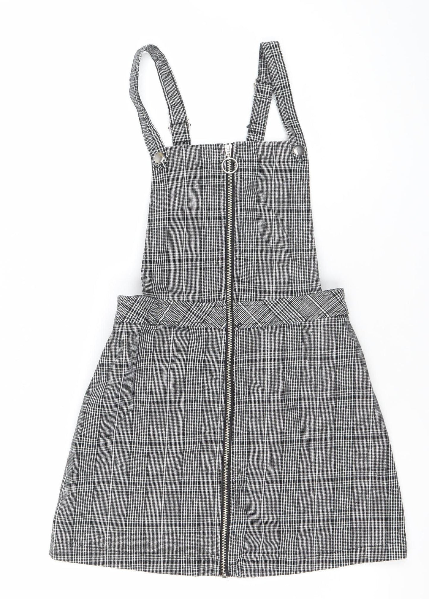 Divided Women Black Check Pinafore Dress Size 8 Zip Strappy Workwear