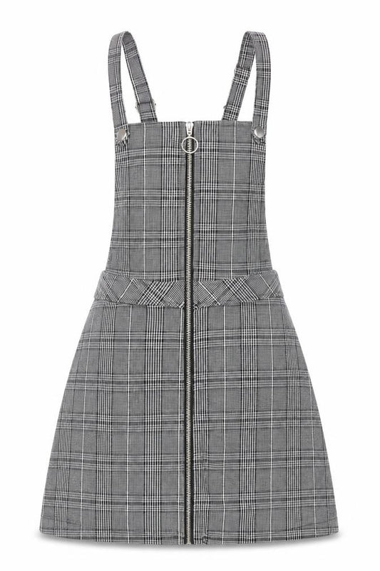 Front view of Divided Women Black Check Pinafore Dress, size 8, Zip Strappy Workwear