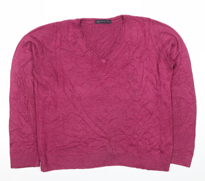 Marks and Spencer Women's Purple V-Neck Wool Blend Jumper Size 14