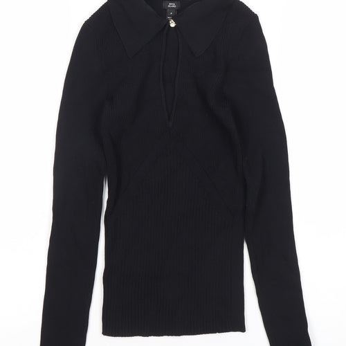 River Island Women’s Black Collared Knit Blouse Size 6 Slim Fit Long Sleeve