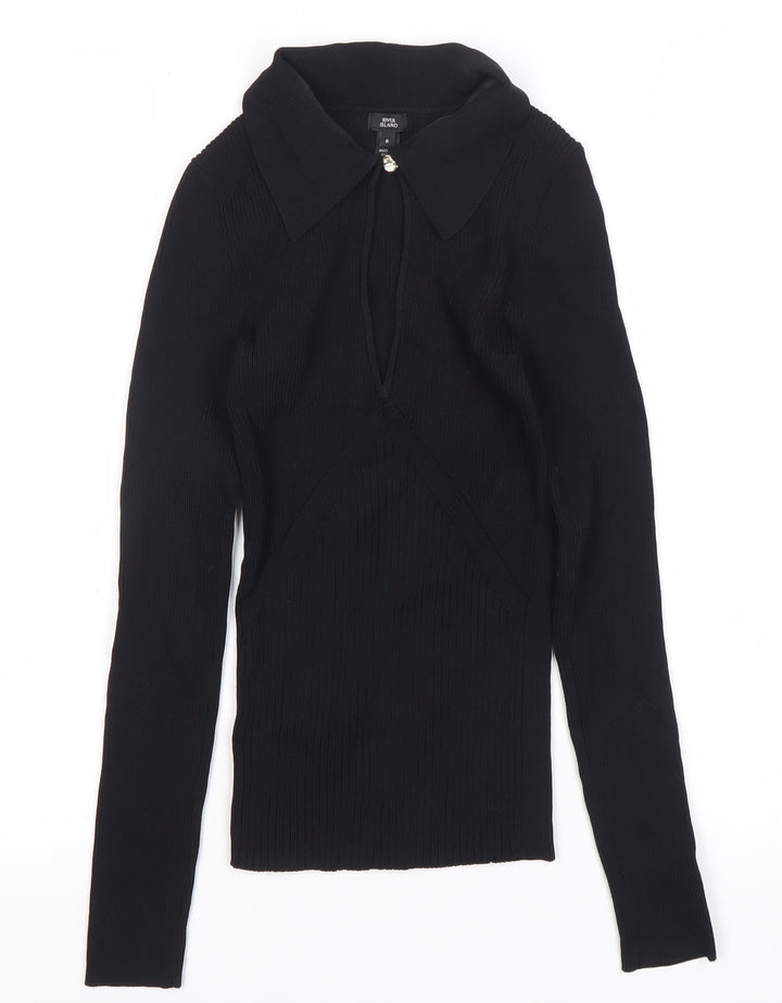 River Island Women’s Black Collared Knit Blouse Size 6 Slim Fit Long Sleeve