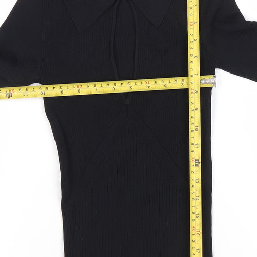 River Island Women’s Black Collared Knit Blouse Size 6 Slim Fit Long Sleeve