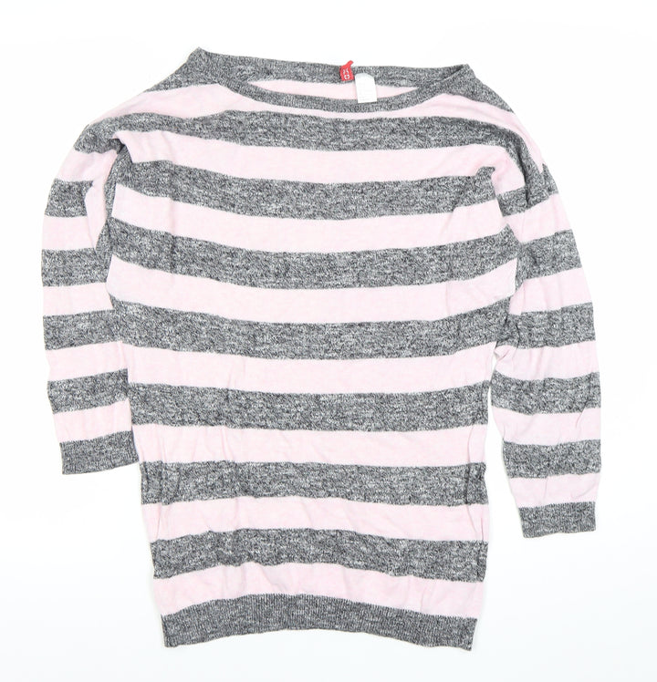 H&M Divided Women’s Grey Pink Striped Boat Neck Jumper Size 8