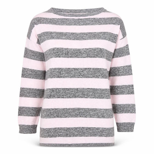 Front view of H&M Divided Women’s Grey Pink Striped Boat Neck Jumper, size UK 8