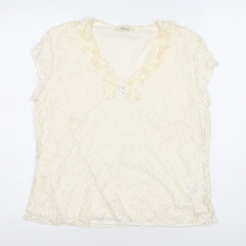 Precis Womens Ivory Lace Tunic Blouse Top Size L V-Neck Short Sleeve