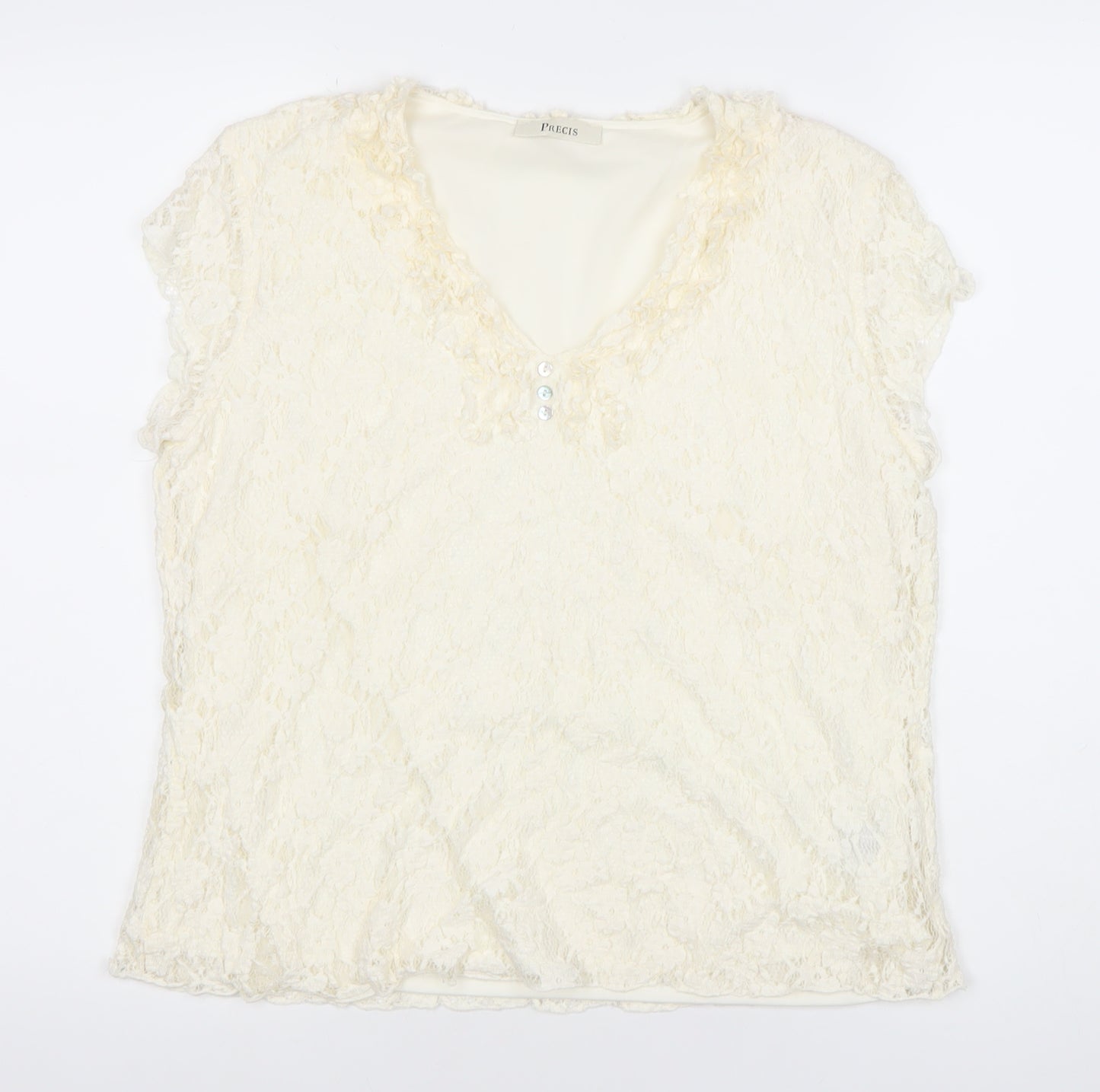 Precis Womens Ivory Lace Tunic Blouse Top Size L V-Neck Short Sleeve