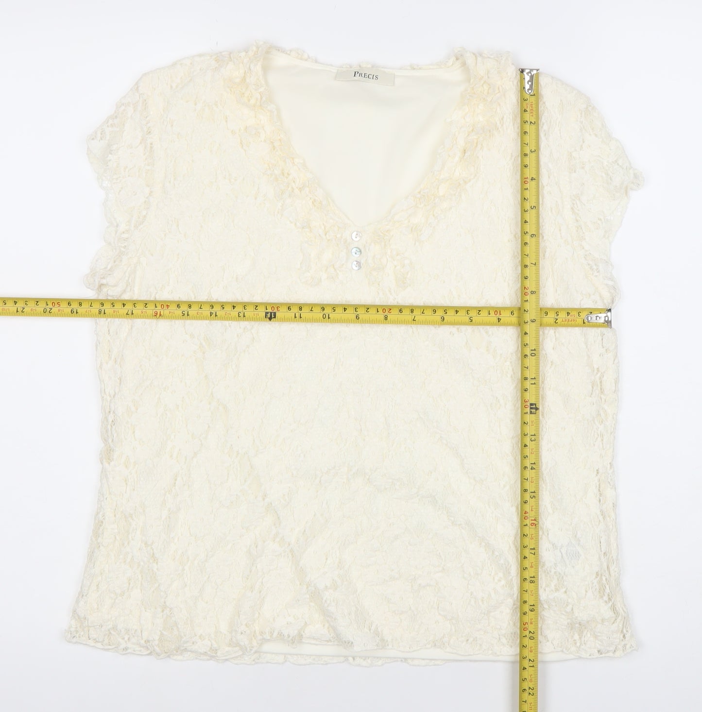 Precis Womens Ivory Lace Tunic Blouse Top Size L V-Neck Short Sleeve
