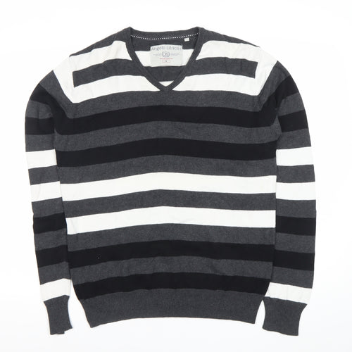 Angelo Litrico Men's L Black Grey White Striped Cotton V-Neck Jumper
