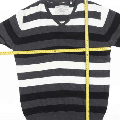 Angelo Litrico Men's L Black Grey White Striped Cotton V-Neck Jumper
