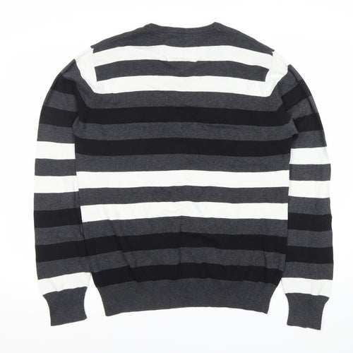Angelo Litrico Men's L Black Grey White Striped Cotton V-Neck Jumper