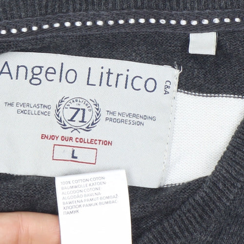 Angelo Litrico Men's L Black Grey White Striped Cotton V-Neck Jumper