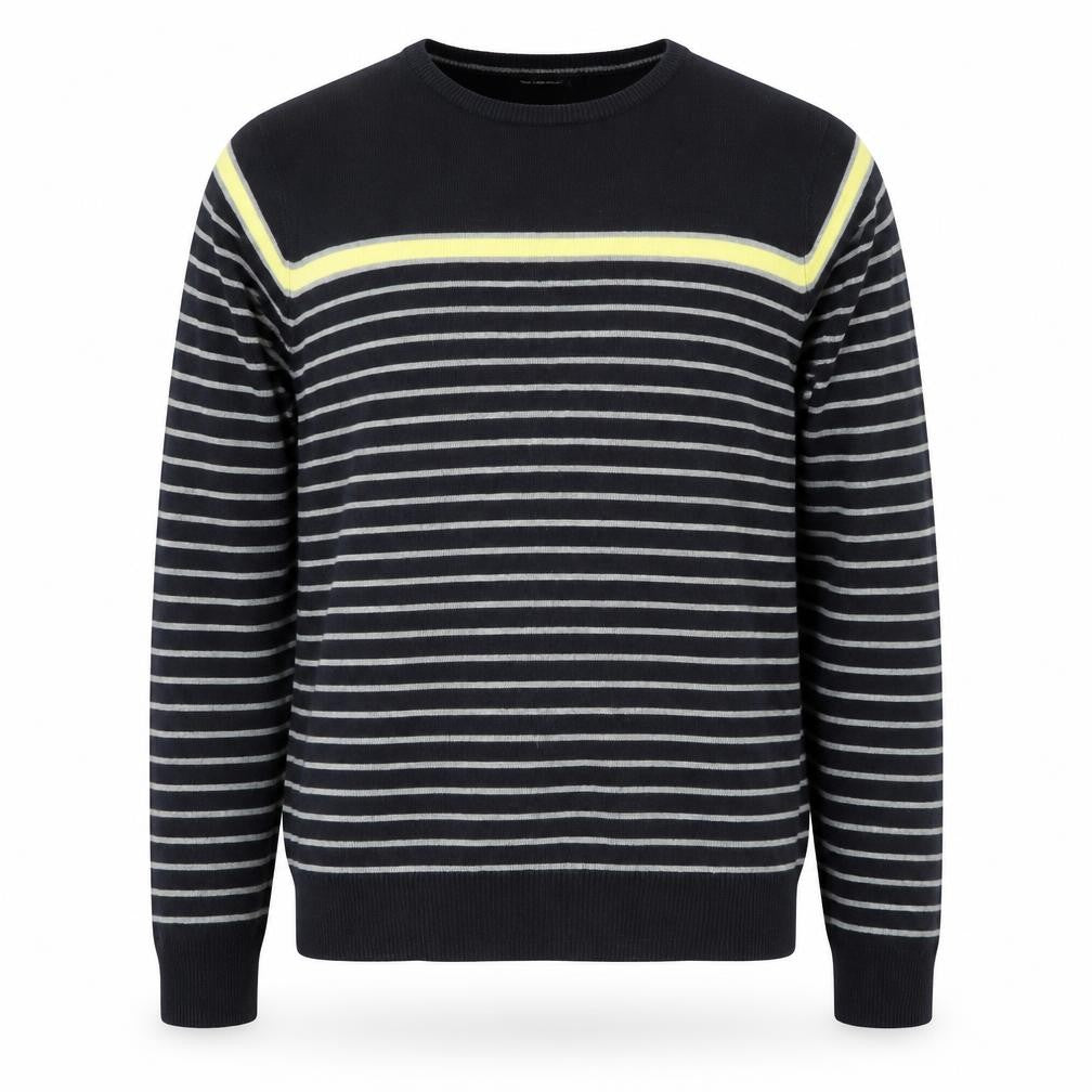 Front view of Cedarwood State Men’s Blue Striped Crew Neck Jumper, size L
