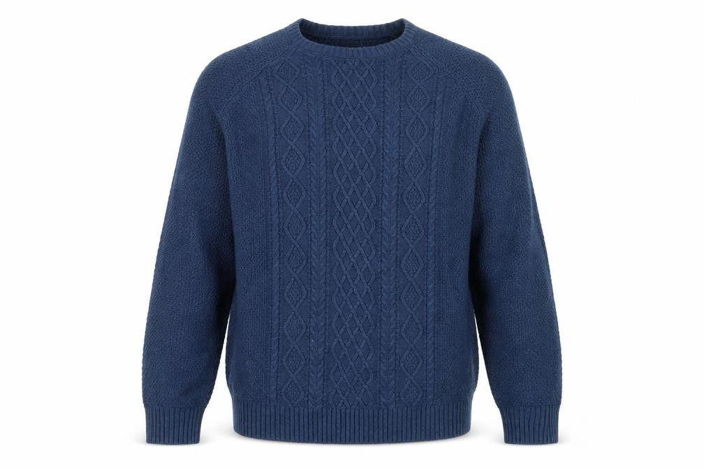 Front view of Oak Valley Men’s Blue 2XL Cable Knit Crew Neck Jumper