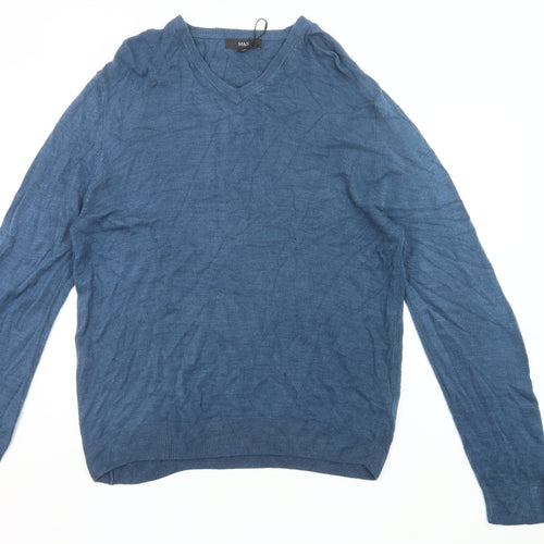 Marks and Spencer Men's Blue 2XL V-Neck Acrylic Jumper Pullover Knitwear