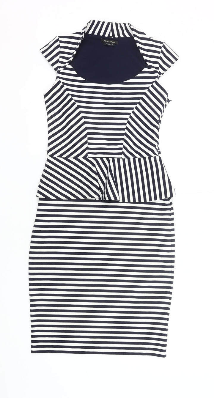 River Island Women’s Black White Striped Peplum Pencil Dress UK 10