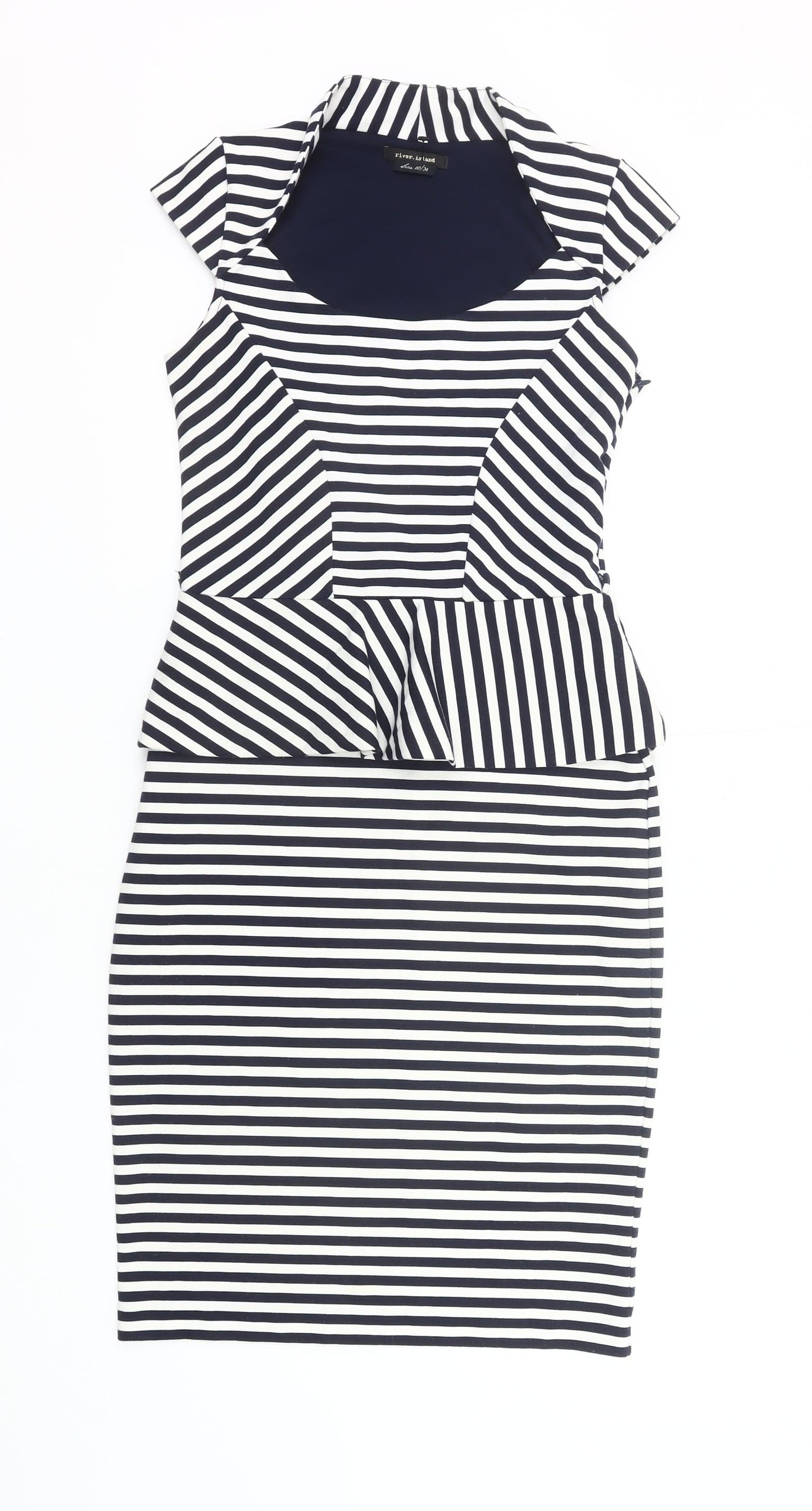 River Island Women’s Black White Striped Peplum Pencil Dress UK 10