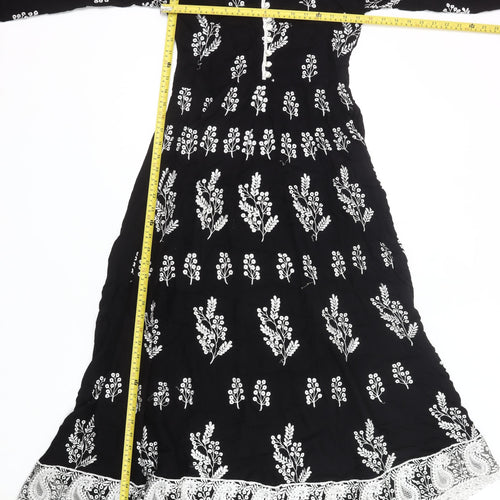 Baba Posh Womens Black Floral Maxi Dress Size S Bohemian Long Sleeve
