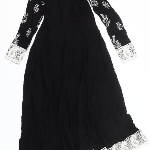 Baba Posh Womens Black Floral Maxi Dress Size S Bohemian Long Sleeve