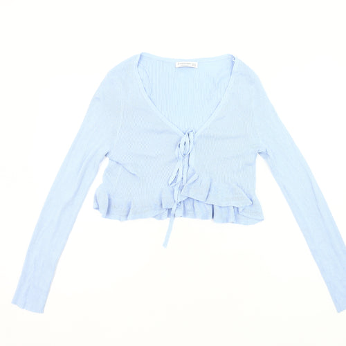Stradivarius Womens Blue Slim Fit Cardigan Size 12 V-Neck Ruffle