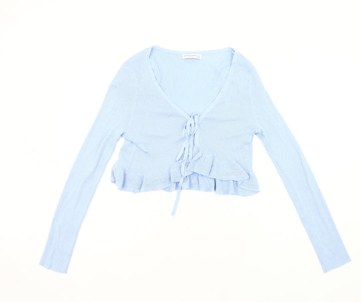 Stradivarius Womens Blue Slim Fit Cardigan Size 12 V-Neck Ruffle
