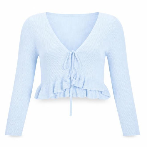 Stradivarius Womens Blue Slim Fit Cardigan Size 12 V-Neck Ruffle
