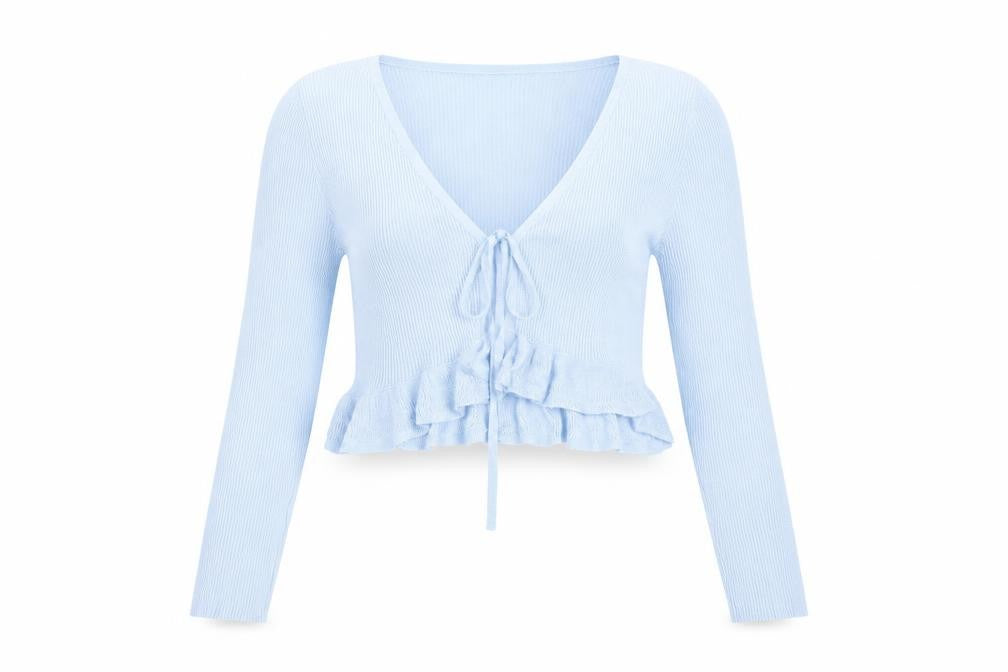 Stradivarius Womens Blue Slim Fit Cardigan Size 12 V-Neck Ruffle