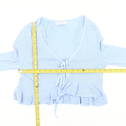 Stradivarius Womens Blue Slim Fit Cardigan Size 12 V-Neck Ruffle