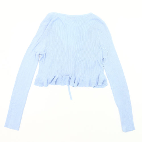 Stradivarius Womens Blue Slim Fit Cardigan Size 12 V-Neck Ruffle