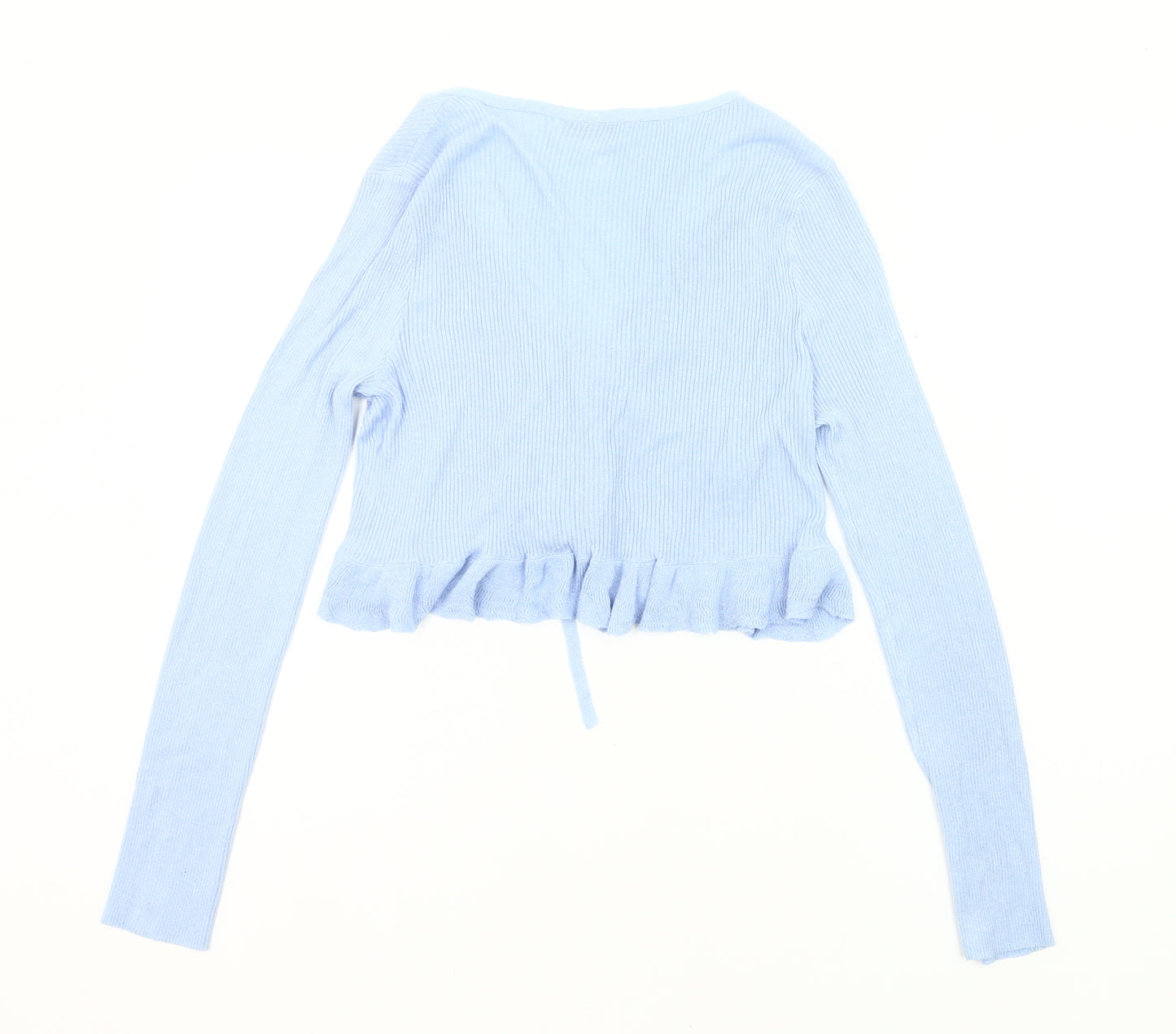 Stradivarius Womens Blue Slim Fit Cardigan Size 12 V-Neck Ruffle