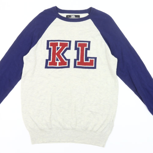 Karl Lagerfeld Mens Ivory Blue Pullover Jumper M Logo Knit