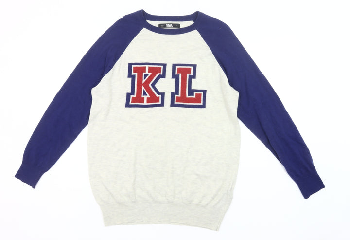 Karl Lagerfeld Mens Ivory Blue Pullover Jumper M Logo Knit