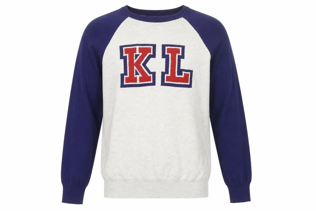 Front view of Karl Lagerfeld men’s ivory blue jumper m logo knit