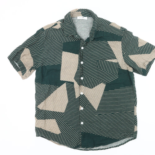 ChArmkpR Men's Green Beige Geometric Button-Up Shirt XL