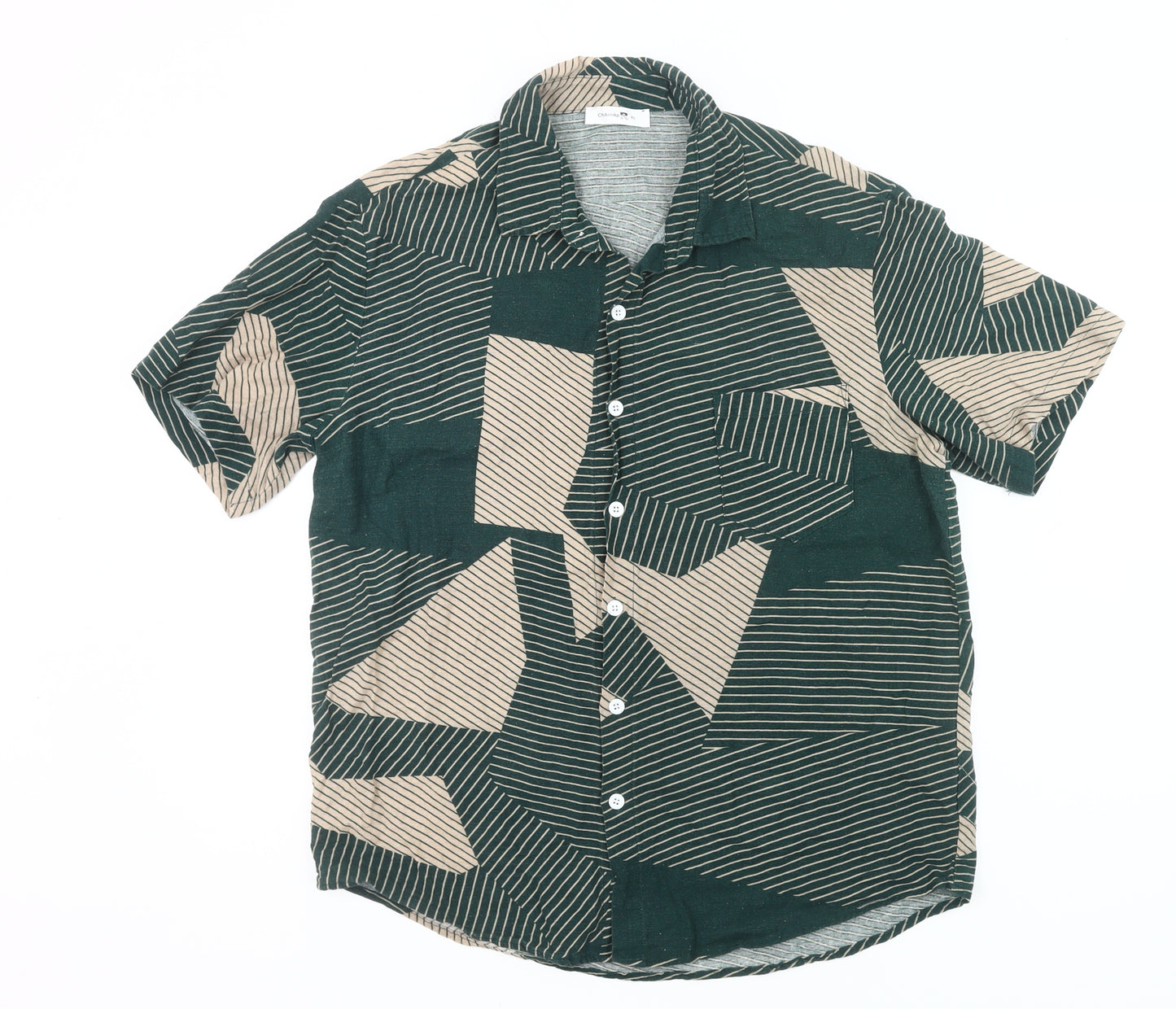 ChArmkpR Men's Green Beige Geometric Button-Up Shirt XL