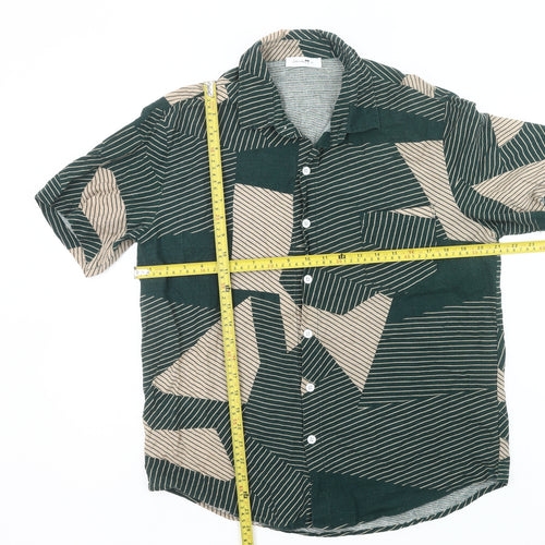 ChArmkpR Men's Green Beige Geometric Button-Up Shirt XL