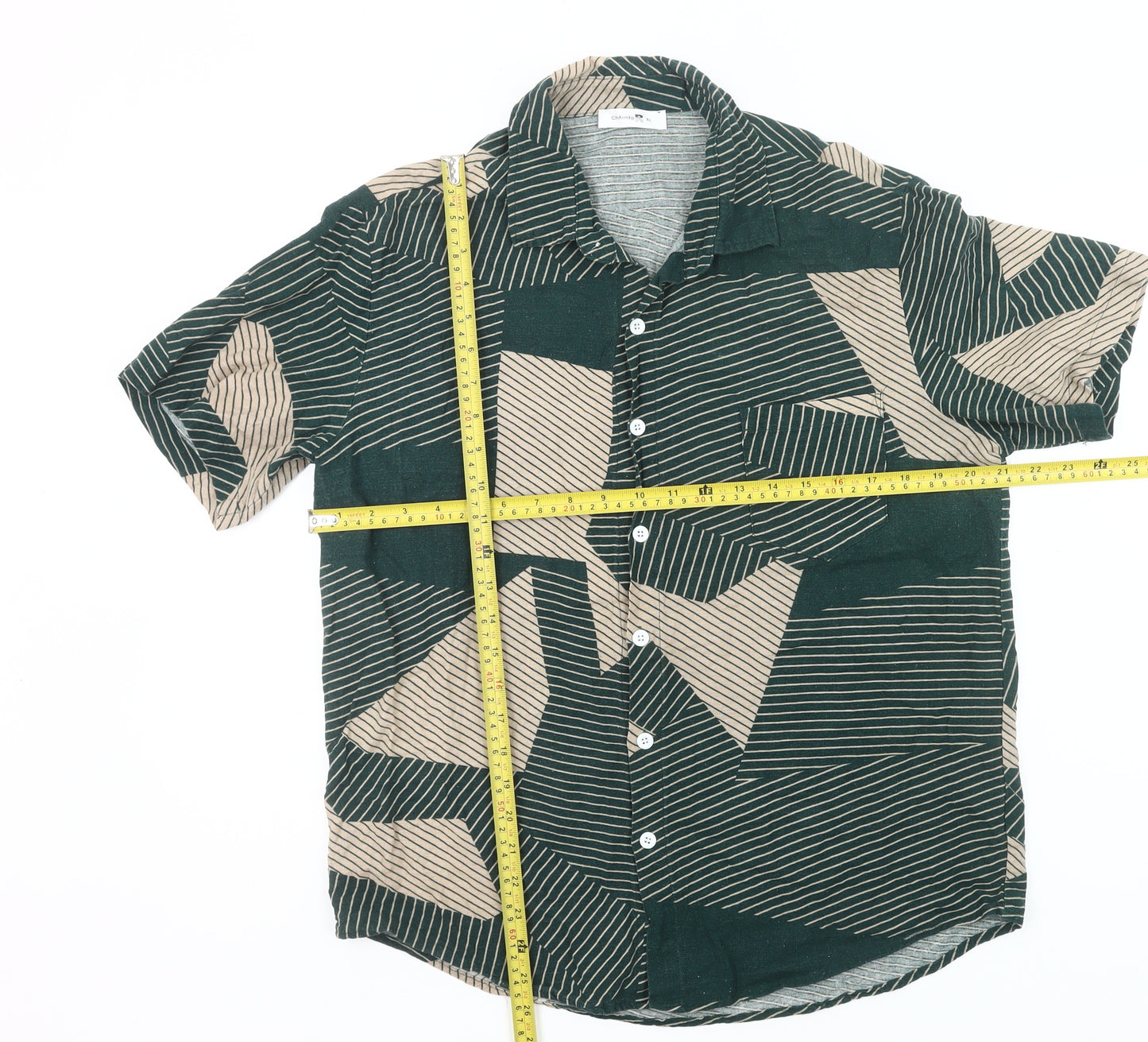 ChArmkpR Men's Green Beige Geometric Button-Up Shirt XL
