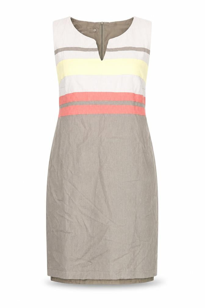Front view of Preview women’s beige multicolour striped sheath dress, size UK 14