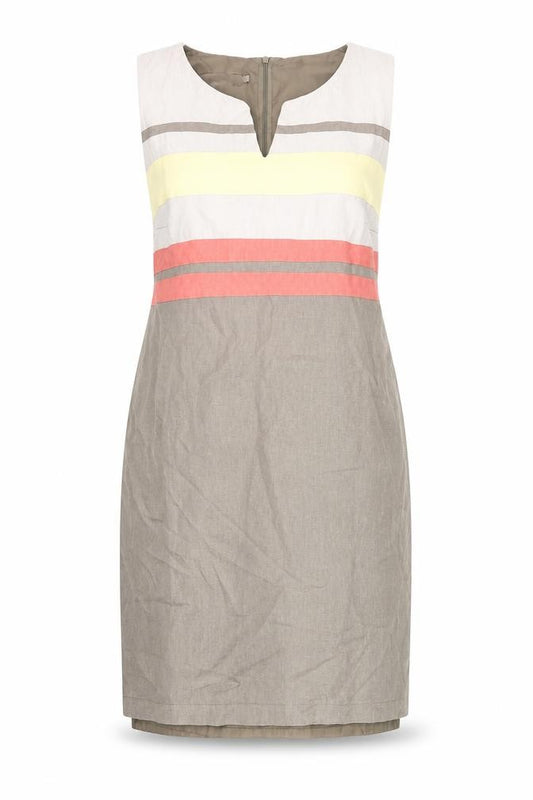 Front view of Preview women’s beige multicolour striped sheath dress, size UK 14